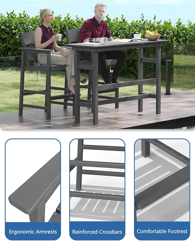 FOOWIN 3 Piece Outdoor Bar Height Table and Chairs, All Weather HDPE Patio Bar - Image 4