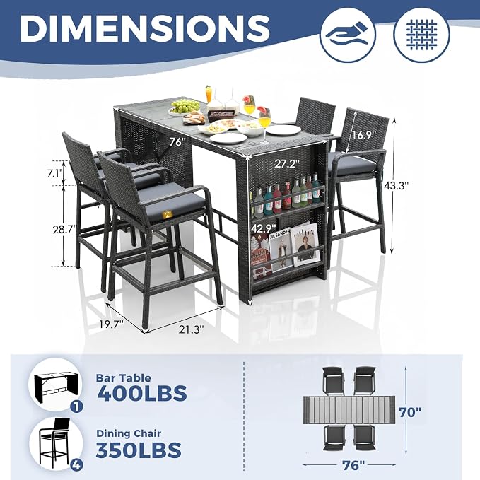 NICESOUL Wicker Outdoor Bar Set 5 Piece, Patio Counter Height Dining Table and - Image 4