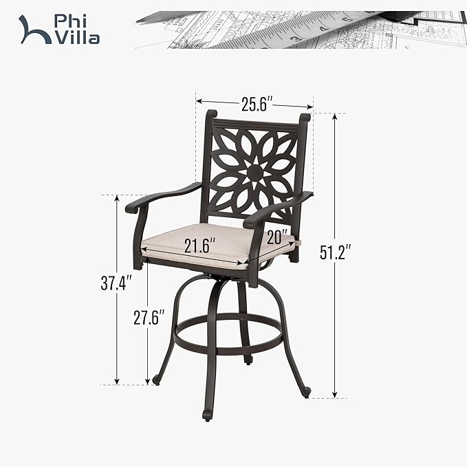 PHI VILLA Outdoor Swivel Bar Stools Set of 4, Cast Aluminum Patio Pub Height - Image 6