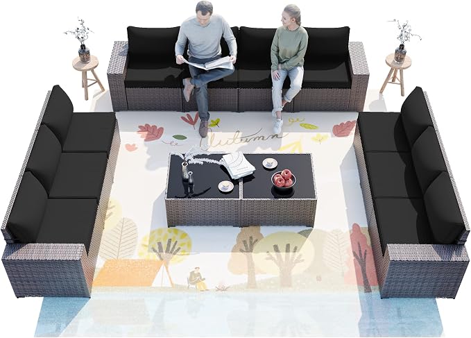 ALAULM 12 Pieces Patio Furniture Set Outdoor Sectional Sofa Brown PE Rattan - Image 7