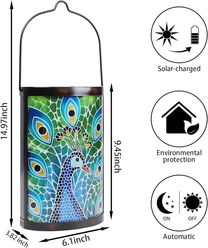 Hanging Solar Lantern Outdoor Waterproof Peacock Solar Lights Glass Tabletop - Image 4