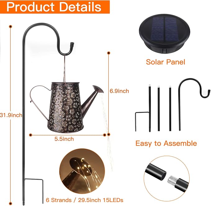 Solar Watering Can with Lights, Solar Outdoor Garden Decor Waterproof Large - Image 5