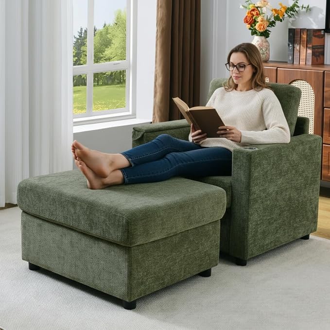 Modern Accent Chairs with Storage Ottoman Set, Chenille Reading Armchair with - Image 7