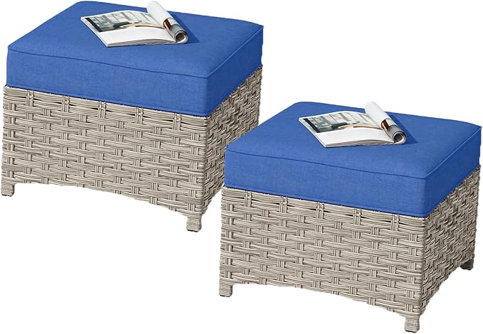 HOOOWOOO 2 Piece Patio Ottoman Set, Outdoor Wicker Ottomans, All Weather by DesignforBetterLife