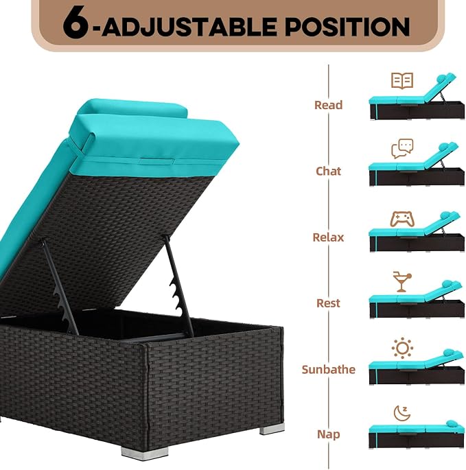 Outdoor Chaise Lounge with Adjustable Backrest Set of 4, 6-Position Reclining - Image 3