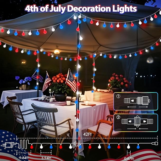 Connectable Red White and Blue String Lights Outdoor Indoor, 42FT 100LED 4th of - Image 2