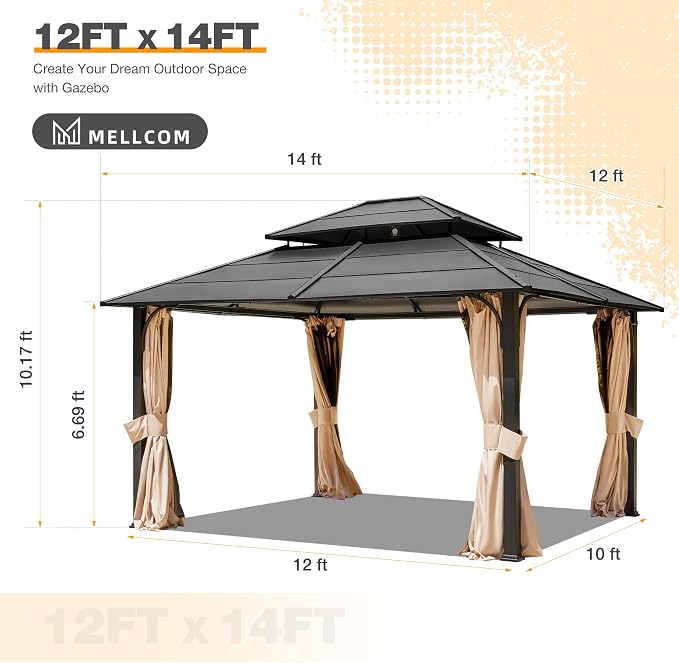 MELLCOM 12 x 14 FT Iron Hardtop Gazebo, Double Roof Design - Image 2
