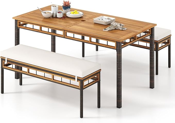 Tangkula 3 Pieces Wood Patio Dining Set, Outdoor PE Wicker Rectangular Acacia by TANGKULA