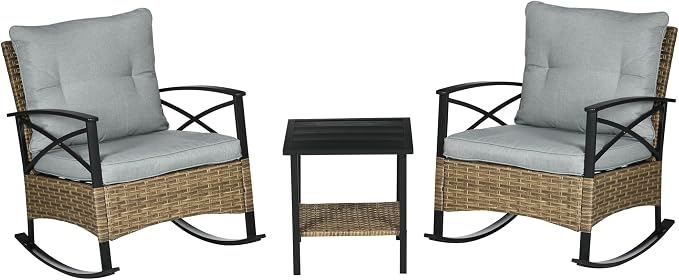 Outsunny 3 Piece Patio Rocking Chair Set, Outdoor Wicker Bistro Set by Outsunny