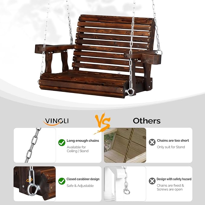 VINGLI Heavy Duty 440 LBS 1-Person Wooden Patio Porch Swing - Image 3