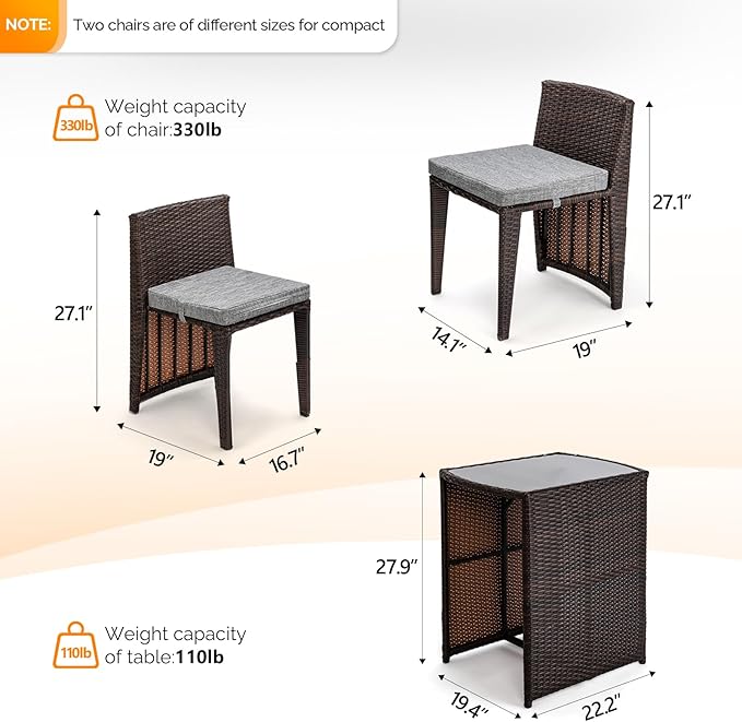 Bonnlo 3 PCS Wicker Outdoor Patio Bistro Set, Patio Furniture Set - Image 3