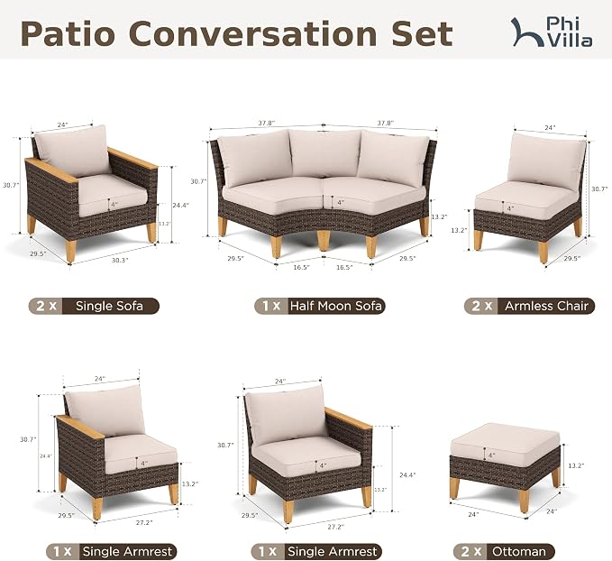 PHI VILLA 9-Piece Wicker Patio Furniture Set, Outdoor Half-Moon Curved - Image 2