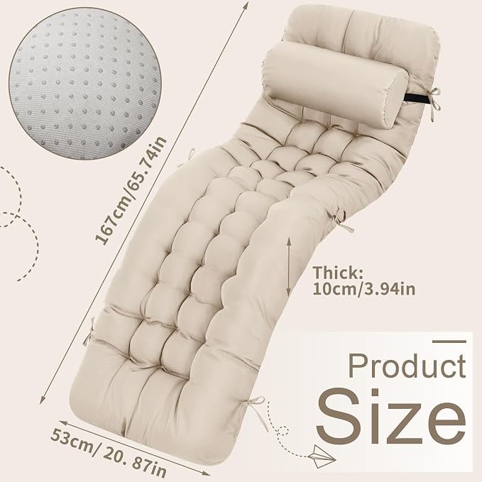 Tudomro 2 Pcs Light Beige 66'' Outdoor Chaise Lounge Cushion Waterproof Patio - Image 2