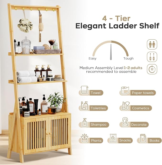 Bookcase with Drawers, 4-Tier Bamboo Bookshelf Ladder Shelf with 6 Hooks - Image 8