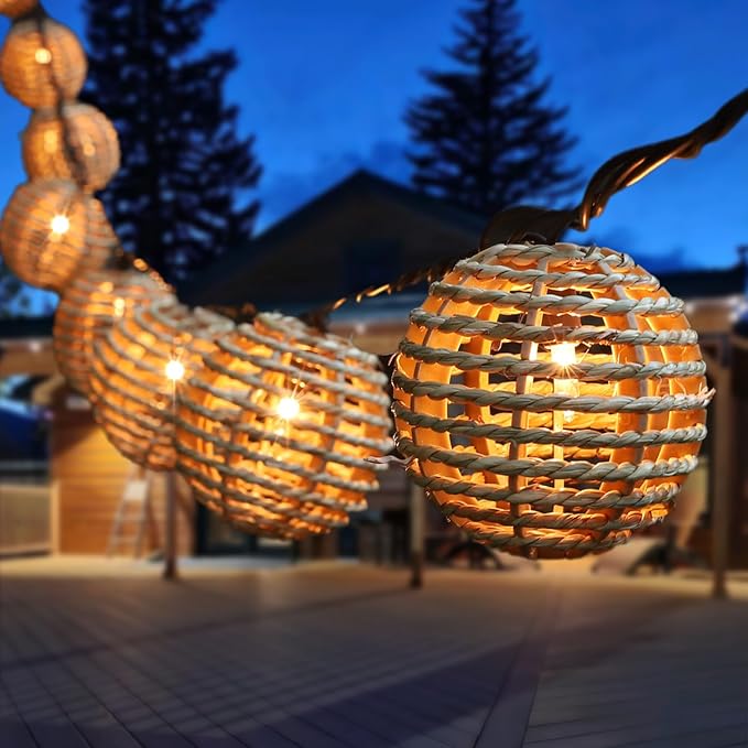 Decorative Outdoor Patio String Lights, Seagrass Rattan Wire Ball Style Lantern - Image 2