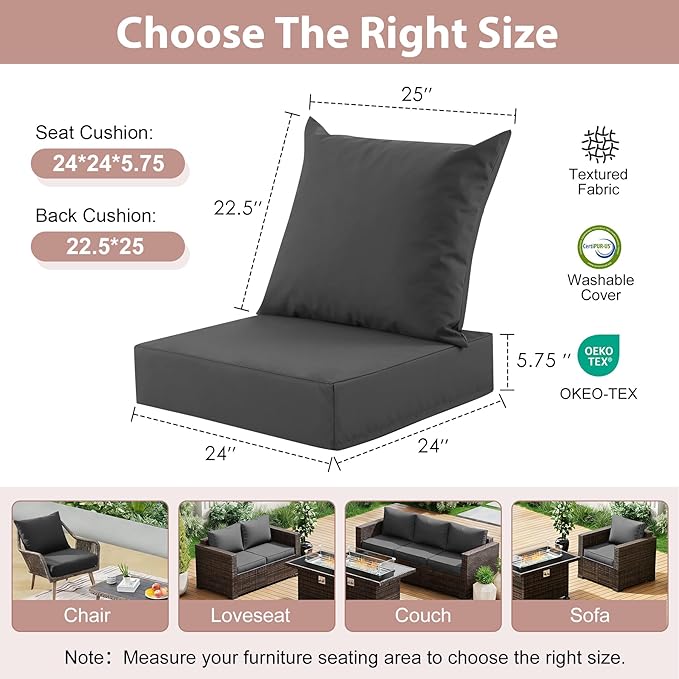 Outdoor Deep Seat Cushion Set, 24x24 Inch Water-Resistant & Fade-Resistant - Image 2
