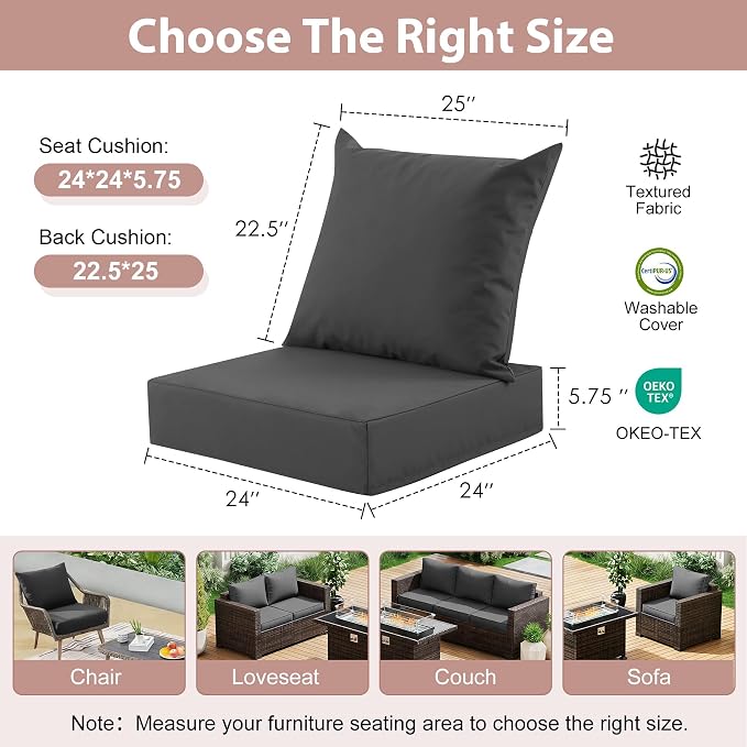 Outdoor Deep Seat Cushion Set, 24x24 Inch Water-Resistant & Fade-Resistant - Image 2