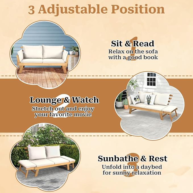 S AFSTAR Patio Convertible Couch Sofa Bed, Acacia Wood Chaise Lounger - Image 4
