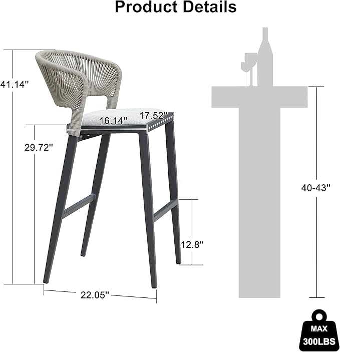 PURPLE LEAF Bar Stool Set of 2 Outdoor Bar Chairs Aluminum Bar Height Stools - Image 3