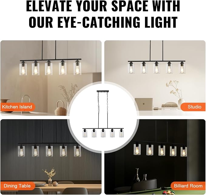 VEVOR 5-Light Kitchen Island Pendant Lights, Adjustable Dining Room Light - Image 6