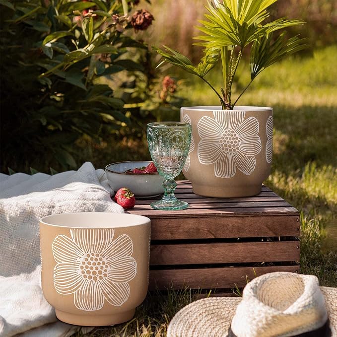 YBX 8 Inch + 6 Inch White Flower Pattern Plant Pots, Sand Glazed Ceramic Planter - Image 4