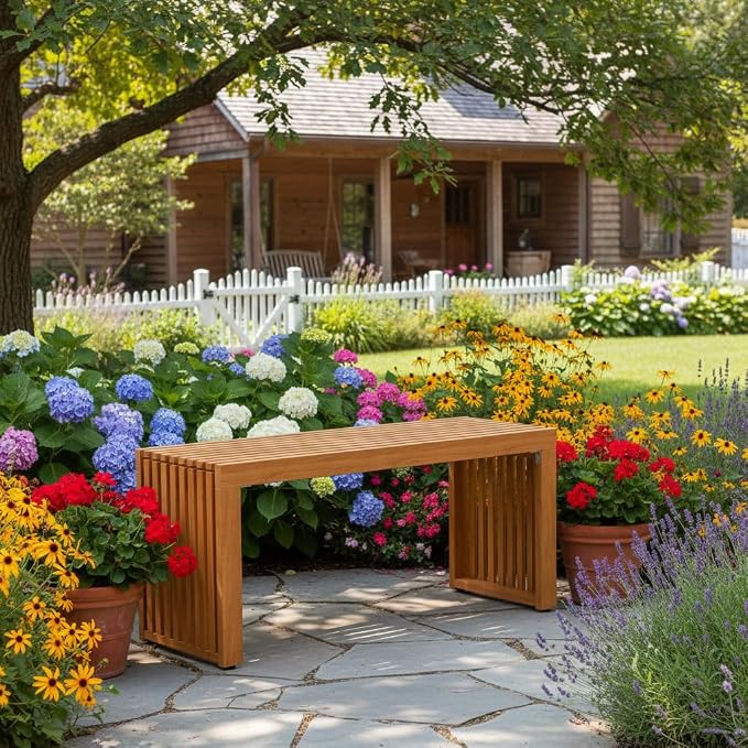Tangkula Patio Acacia Wood Bench, 36” Outdoor All-Slat Wood Bench - Image 2