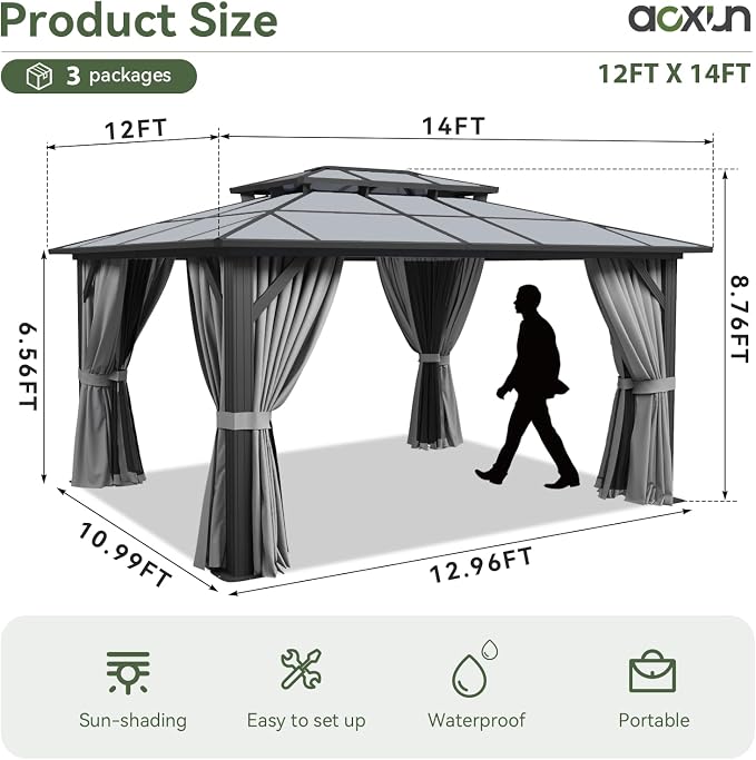 Aoxun 12'x14' Hardtop Gazebo, Aluminum Frame Permanent Pavilion - Image 4