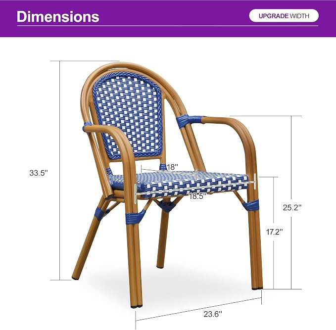 PURPLE LEAF French Bistro Chairs Set of 2 Aluminum Wicker Rattan Hand-Woven - Image 3