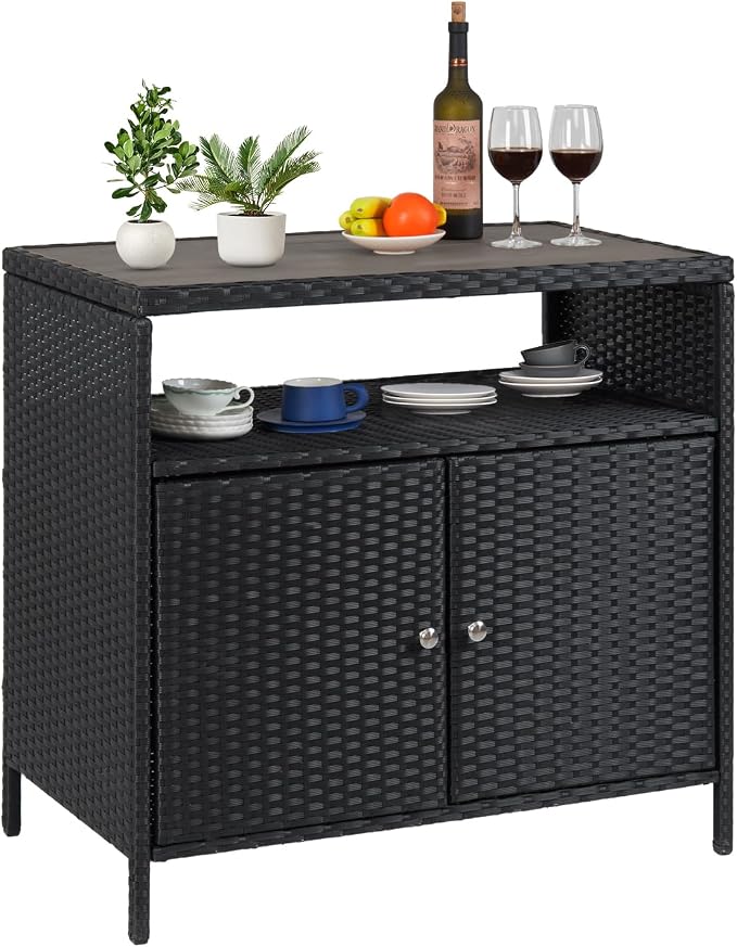 IDEALHOUSE Patio Outdoor Wicker Storage Cabinet，Patio Bar Table - Image 3