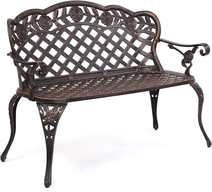 VINGLI 42.5" Patio Garden Bench Outdoor Metal Rose Loveseat, Cast Iron Cast by VINGLI