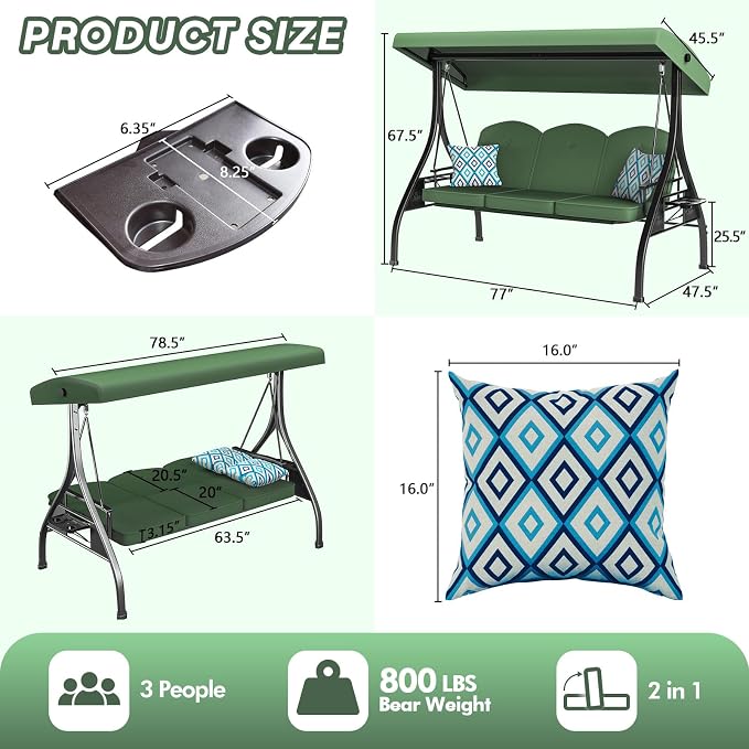 3 Seat Outdoor Porch Patio Swing - Image 7