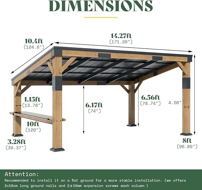 AMERLIFE 10x14 FT Spruce Wood Grill Gazebo, Permanent Galvanized Steel Lean to - Image 6