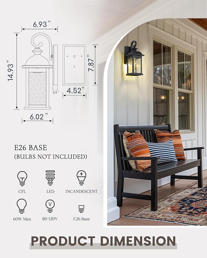 FEMILA Outdoor Wall Light Fixture, 1-Light Exterior Waterproof Wall Sconce - Image 3