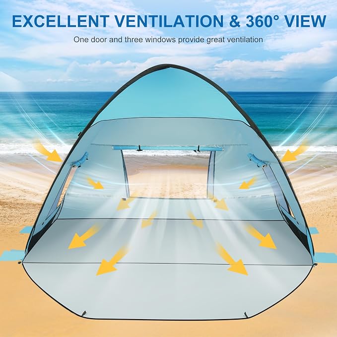 TOBTOS UPF 50+ Pop Up Beach Tent, Easy Set Up Beach Umbrella, Sun Shelter - Image 3