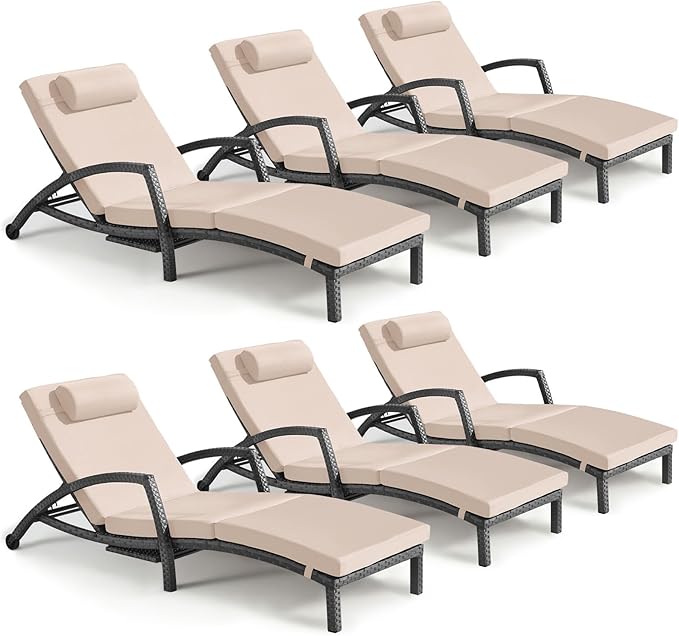 Chaise Lounge Chairs Outdoor Comfy Outside Wicker Patio Pool Lounge Chair w/ 5 by ZZWHOM