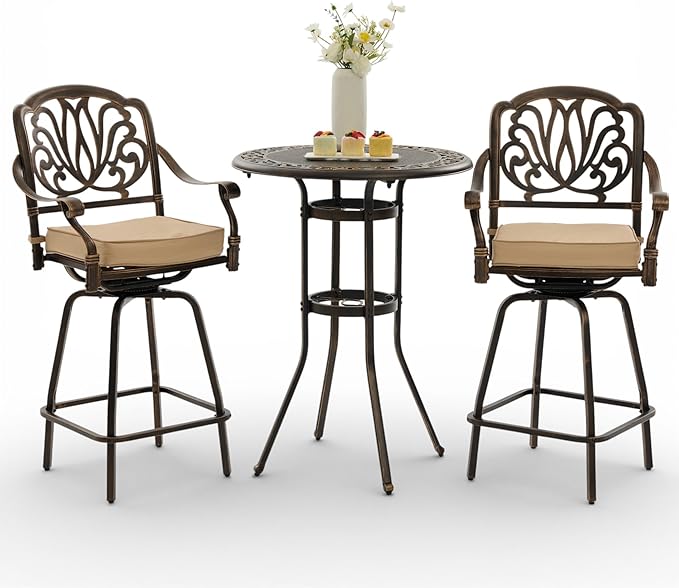 3-Piece Cast Aluminum Outdoor Bar Set, 31.5" Round High Top Patio Table & 2 by Attliahome