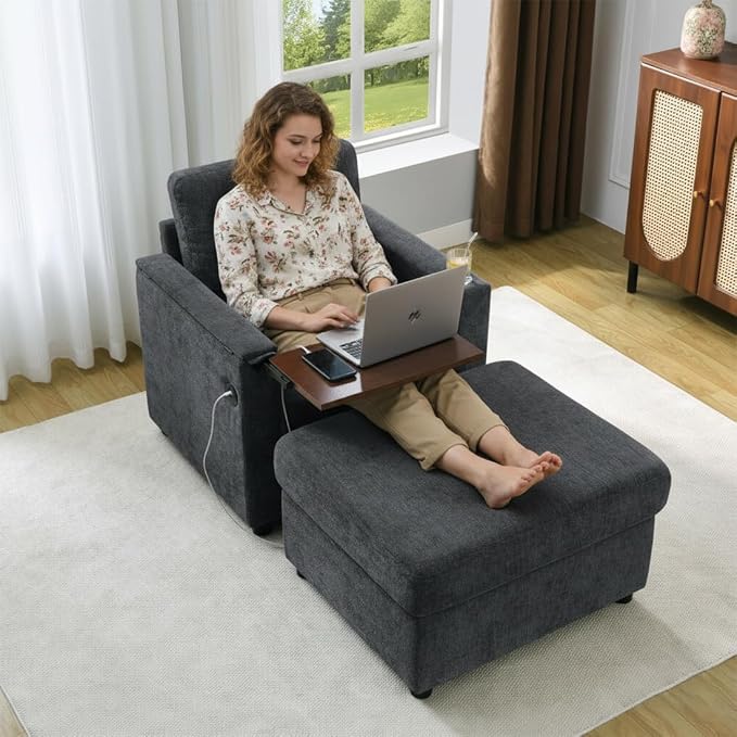 Modern Accent Chairs with Storage Ottoman, Chenille Reading Armchair with Tray - Image 8
