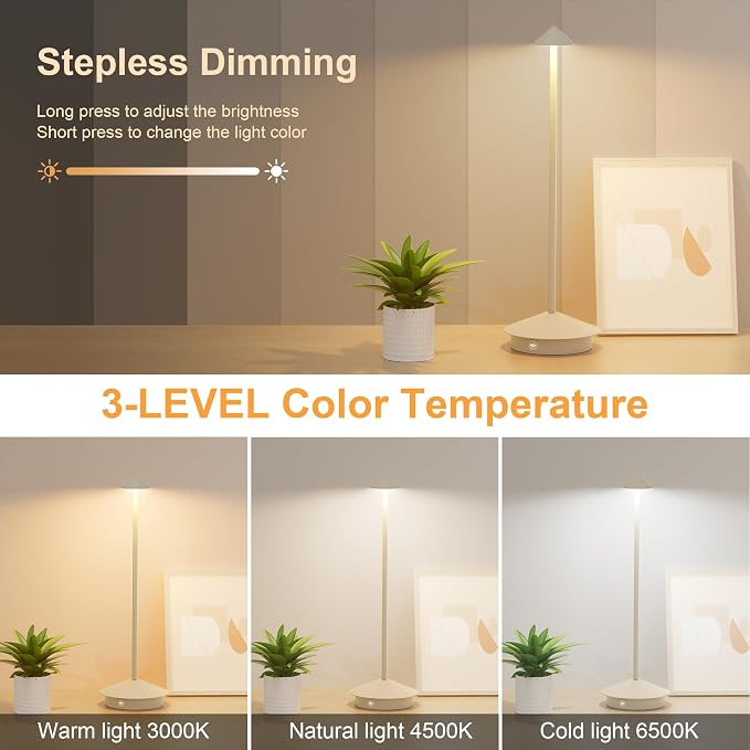 2-Pack 6000mAh Rechargeable Led Table Lamp Cordless, 3000K-6000K Stepless - Image 2
