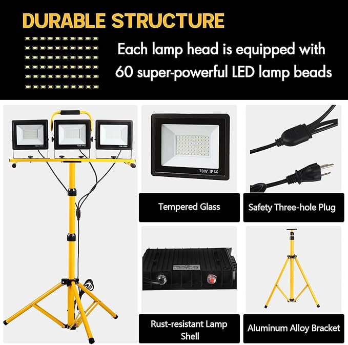 22000 Lumen Work Lights with Stand, 3 Head Portable LED Work Light, with - Image 5