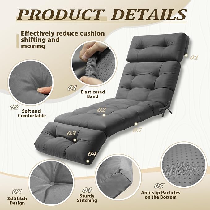 Outdoor Chaise Lounge Cushion Waterproof, 74.4x22x4.7 Inch Oxford Fabric - Image 2
