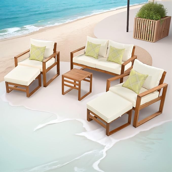Outdoor Acacia Wood 6-Piece Conversation, Sunroom Furniture Indoor Sectional - Image 2