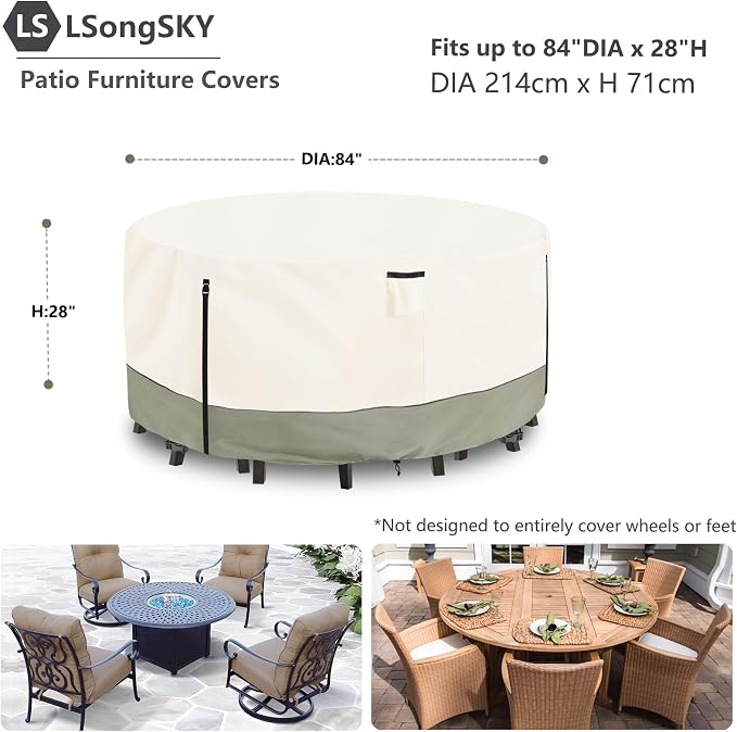 Round Patio Furniture Covers, 600D Heavy Duty Waterproof Outdoor Furniture Cover - Image 2