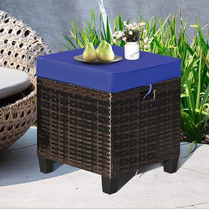 2PCS Patio Outdoor Ottomans, Rattan Wicker Ottoman Seat w/Removable Cushions - Image 8