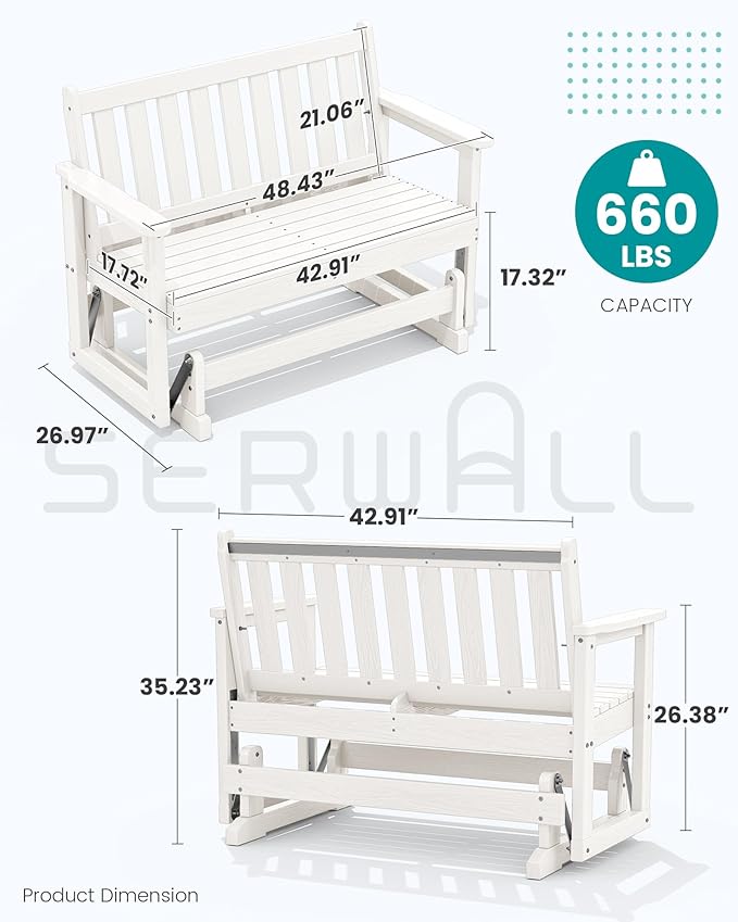 SERWALL 2 Person Patio Glider Rocking Chair, HDPE Material Weather-Resistant - Image 2