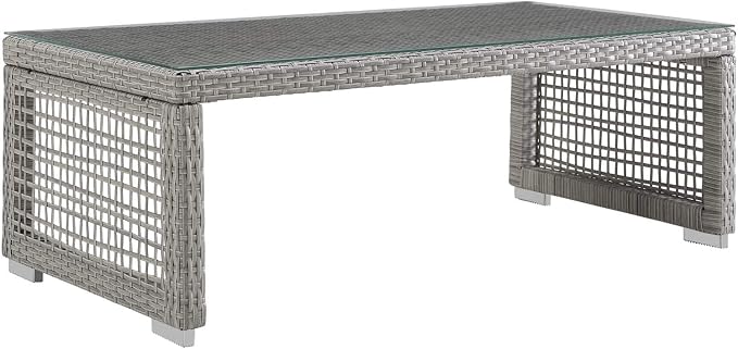 Modway Aura Wicker Rattan Outdoor Patio Tempered Glass Coffee Table in Gray - Image 4