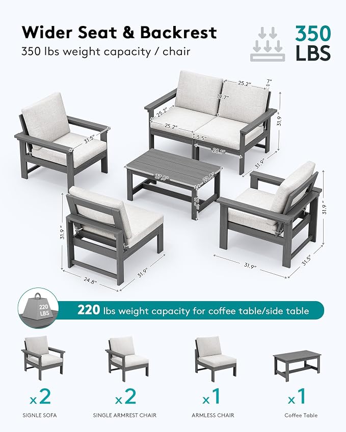 SERWALL HDPE Patio Conversation Set, 6-piece Sectional Outdoor Furniture Set - Image 3
