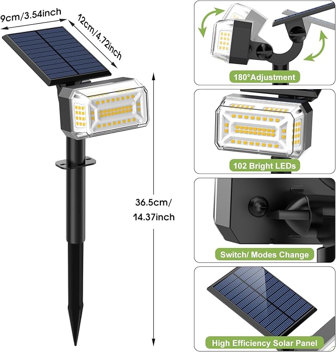 102 LED Solar Spot Lights Outdoor Waterproof IP65, Adjustable Landscape - Image 7