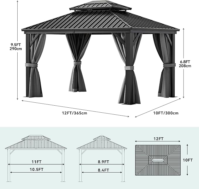 YITAHOME 10X12FT Gazebo Hard Top Patios Aluminum Frame Double Roof Canopy - Image 2