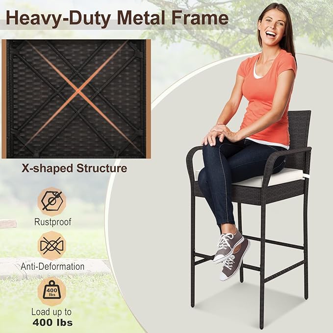 COSTWAY Wicker Bar Stools Set of 4, Patio Bar Height Chairs - Image 6