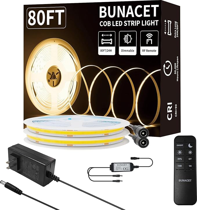 80FT/24m COB LED Strip Light Warm White Dimmable 3000K High Lumen CRI 90+ by BUNACET